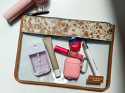 Cowhide Clear Toiletry Makeup Bag, organizer Travel Pouch: BLACK + WHITE COWHIDE