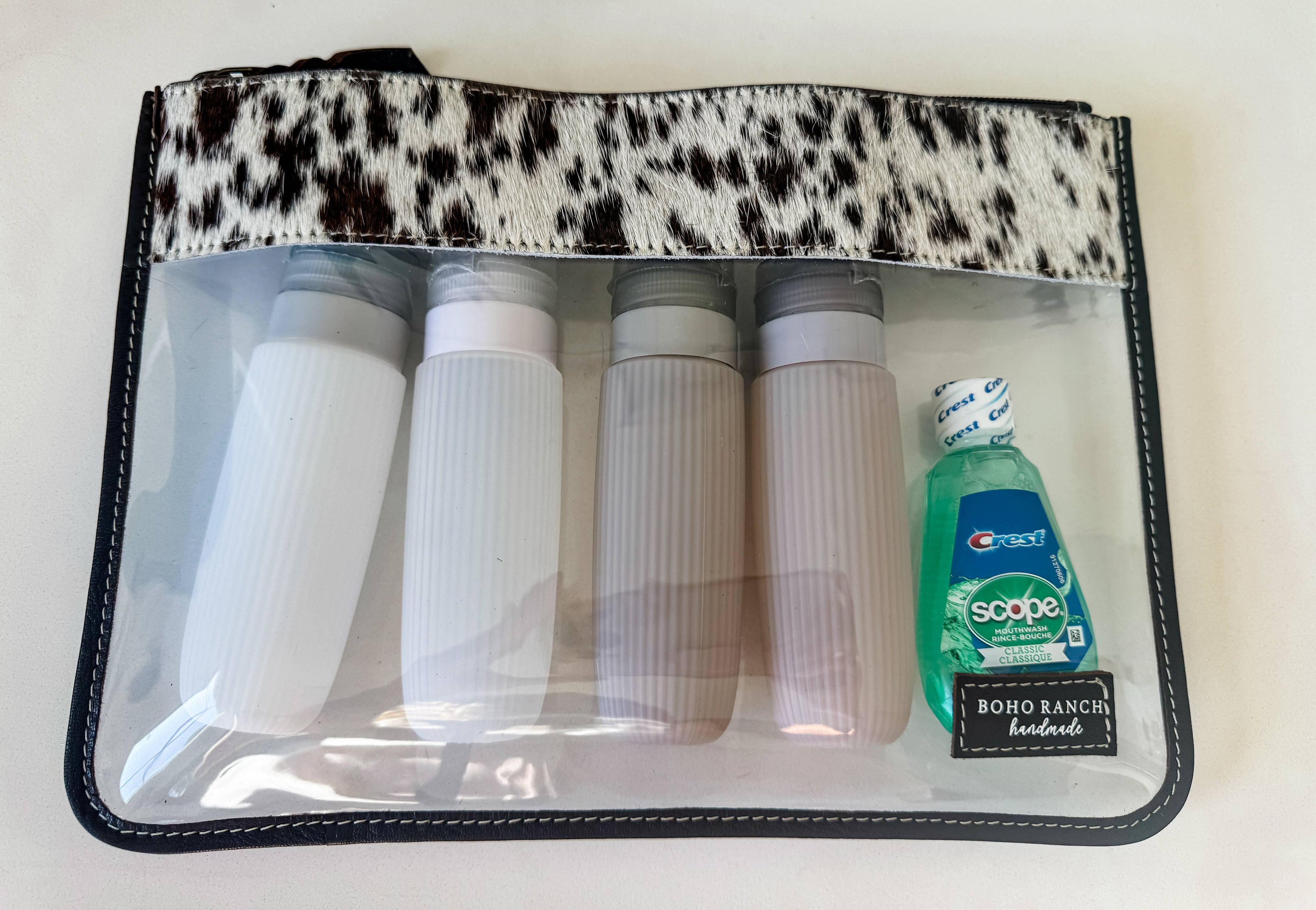 Cowhide Clear Toiletry Makeup Bag, organizer Travel Pouch: TAN + WHITE COWHIDE