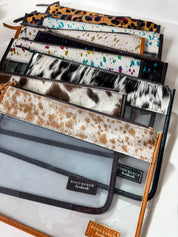 Cowhide Clear Toiletry Makeup Bag, organizer Travel Pouch: TAN + WHITE COWHIDE