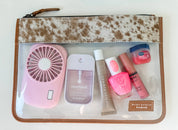 Cowhide Clear Toiletry Makeup Bag, organizer Travel Pouch: BROWN + WHITE COWHIDE