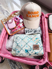 Cowhide Clear Toiletry Makeup Bag, organizer Travel Pouch: TAN + WHITE COWHIDE