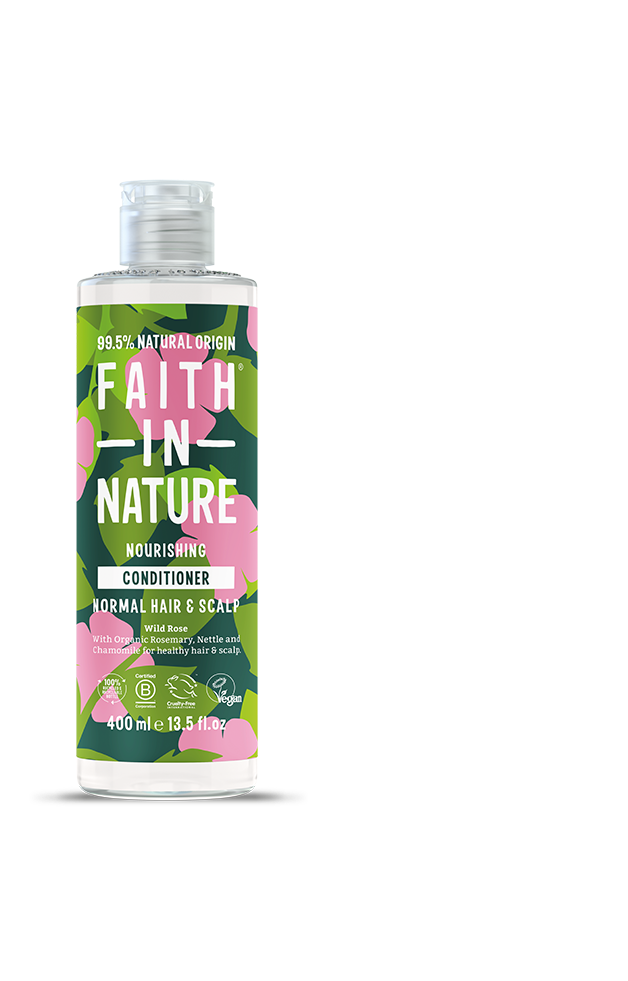 Bottle of Faith In Nature nourishing conditioner on a white background