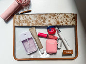 Cowhide Clear Toiletry Makeup Bag, organizer Travel Pouch: TAN + WHITE COWHIDE