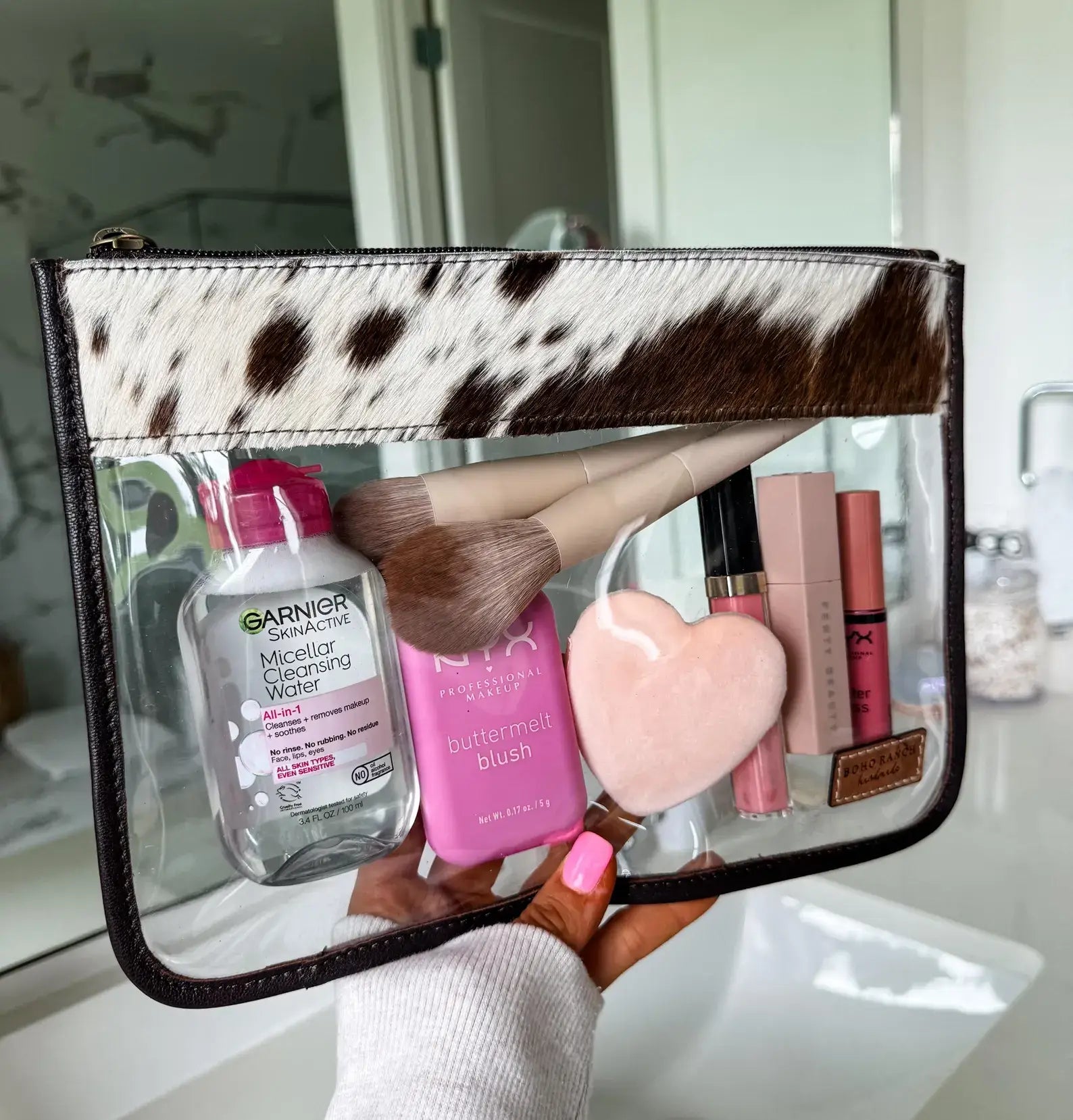 Cowhide Clear Toiletry Makeup Bag, organizer Travel Pouch: BLACK + WHITE COWHIDE