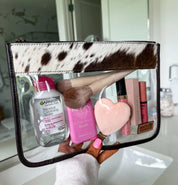 Cowhide Clear Toiletry Makeup Bag, organizer Travel Pouch: BLACK + WHITE COWHIDE