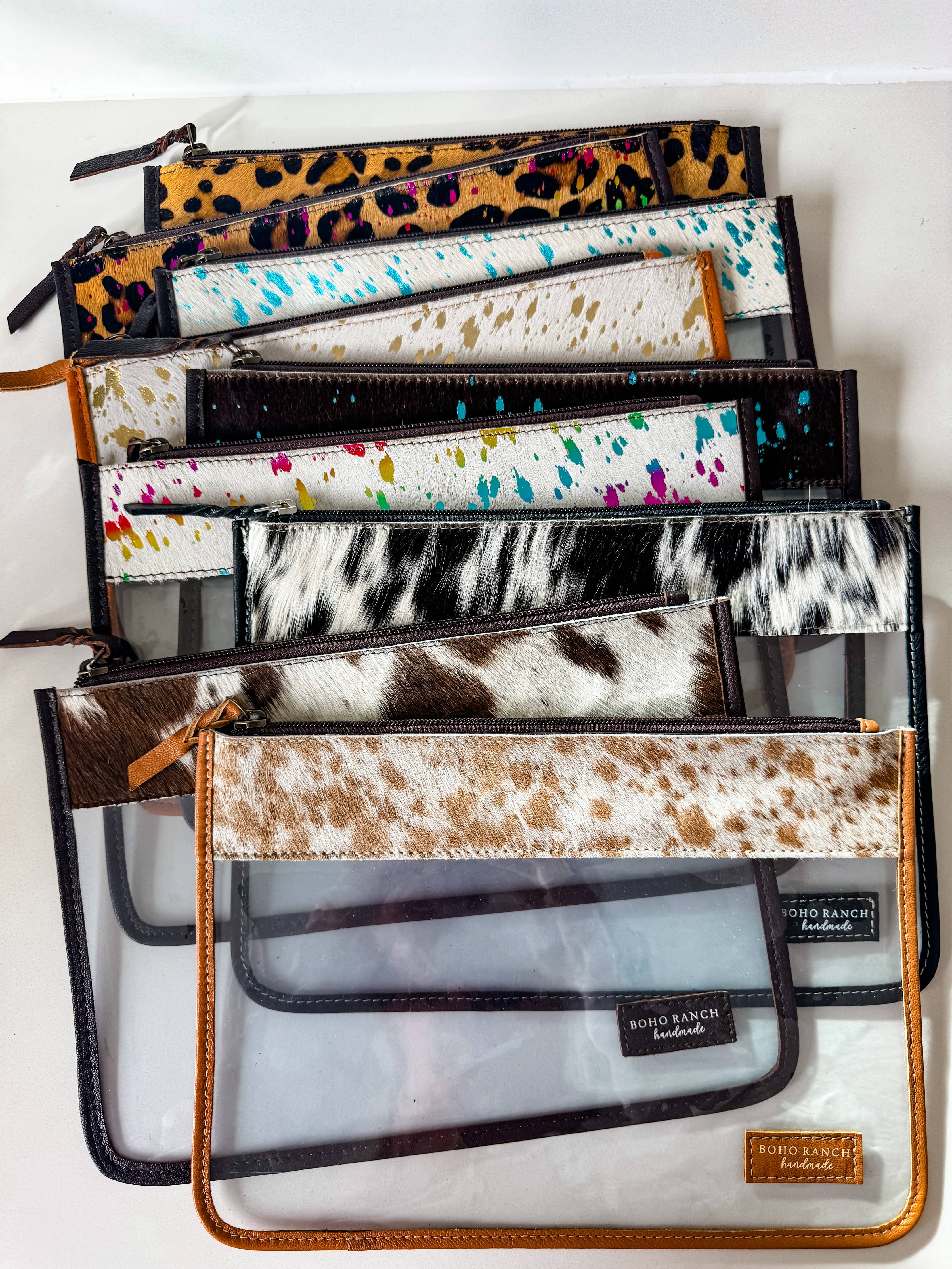 Cowhide Clear Toiletry Makeup Bag, organizer Travel Pouch: BROWN + WHITE COWHIDE