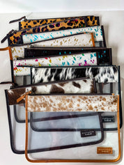 Cowhide Clear Toiletry Makeup Bag, organizer Travel Pouch: TAN + WHITE COWHIDE