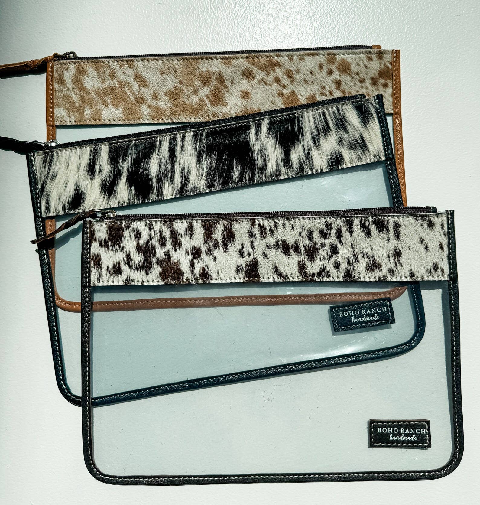 Cowhide Clear Toiletry Makeup Bag, organizer Travel Pouch: TAN + WHITE COWHIDE