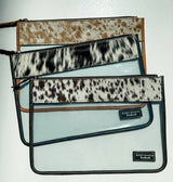 Cowhide Clear Toiletry Makeup Bag, organizer Travel Pouch: TAN + WHITE COWHIDE